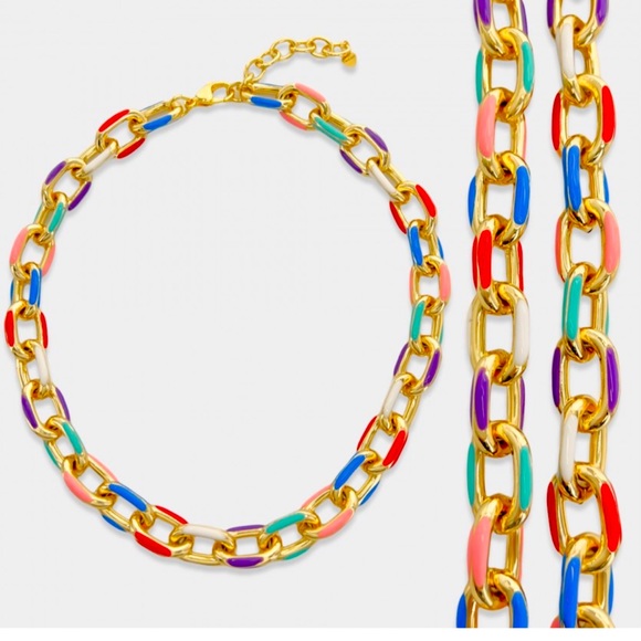 Frugal Fashionista Jewelry - NEW ENAMEL PAPERCLIP Multicolor NECKLACE 14k plated Gold tone Chainlink Festival